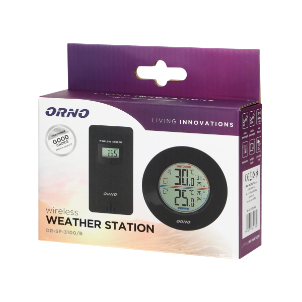 Wireless weather station with indoor and outdoor temperature indicator, black