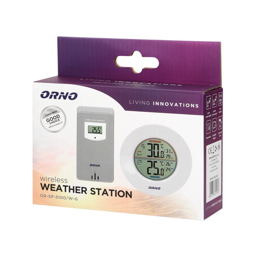 Wireless weather station with indoor and outdoor temperature indicator, grey and white