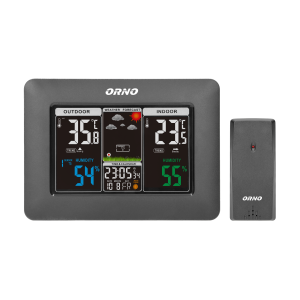Wireless weather station with outdoor and indoor humidity and temperature indications.