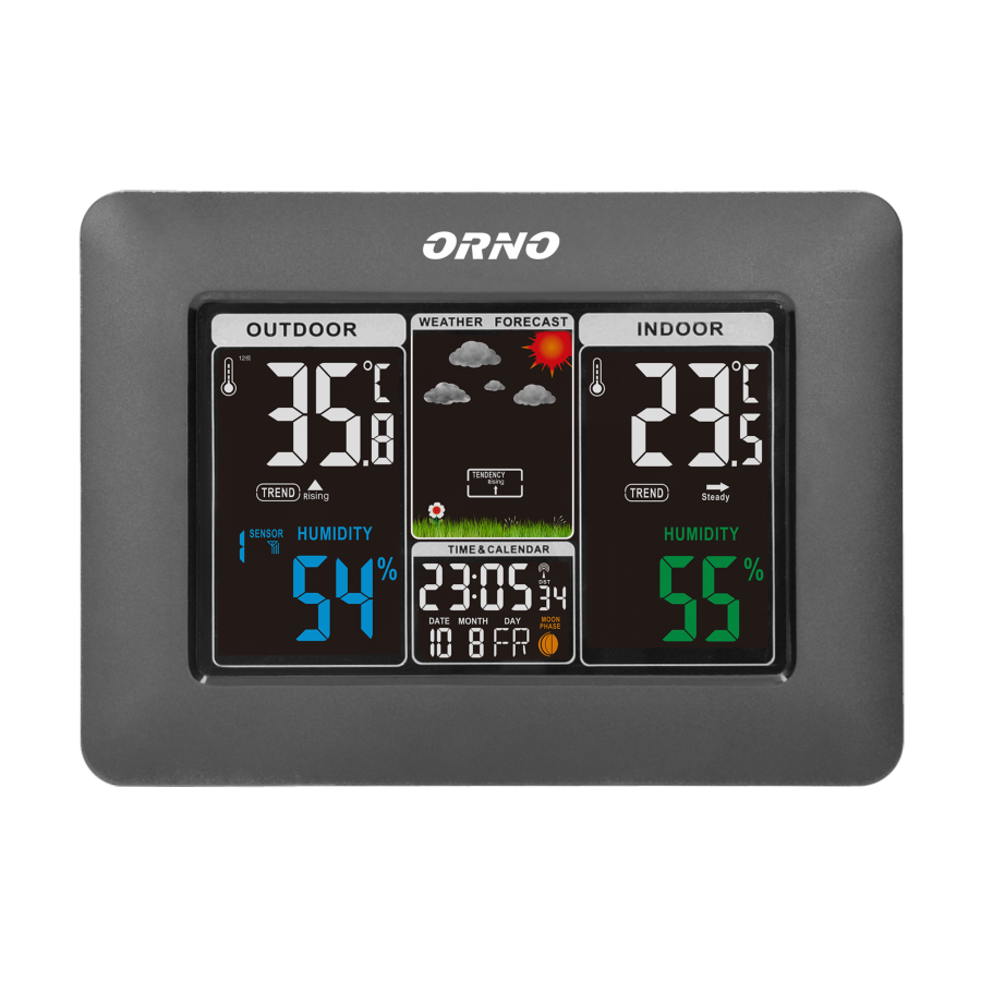Wireless weather station with outdoor and indoor humidity and temperature indications.