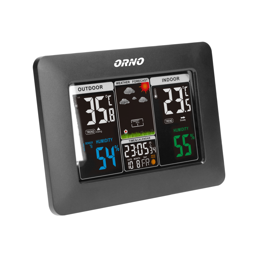 Wireless weather station with outdoor and indoor humidity and temperature indications.