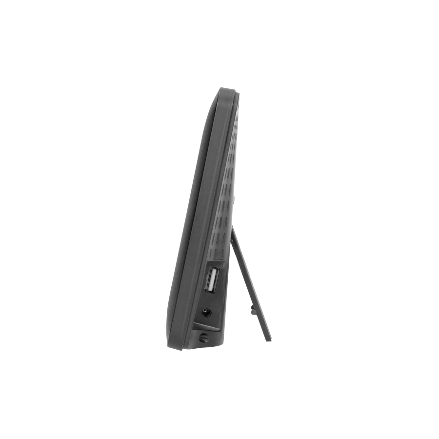 Wireless weather station with outdoor and indoor humidity and temperature indications.