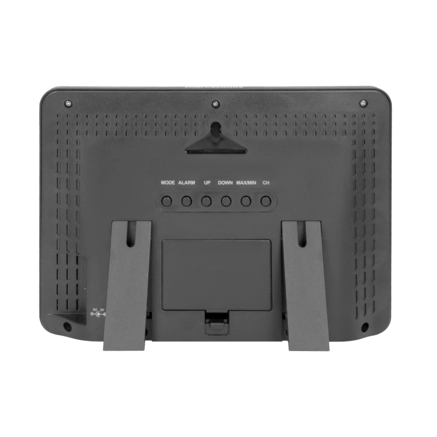 Wireless weather station with outdoor and indoor humidity and temperature indications.