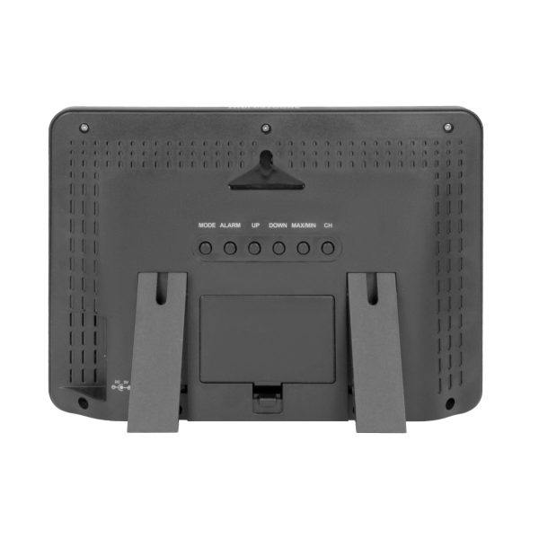 Wireless weather station with outdoor and indoor humidity and temperature indications.