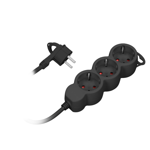 Extension sockets 3x 2P+E (Schuko), with a 1.5m cord H05VV-F 3x1.0mm², flat plug, black