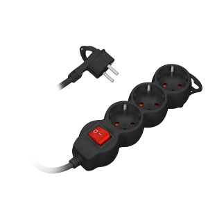 Extension sockets 3x 2P+E (Schuko), with a central switch and a cable 3m long - H05VV-F 3x1.0mm², Imax=10A, flat plug, black