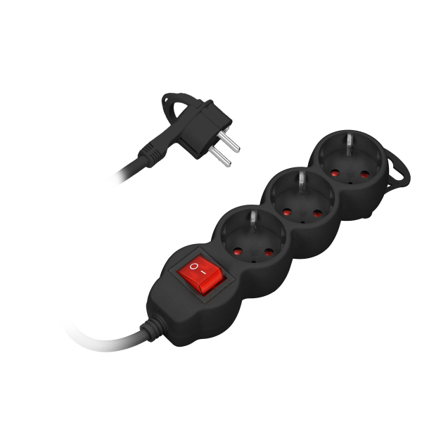 Extension sockets 3x 2P+E (Schuko), with a central switch and a cable 3m long - H05VV-F 3x1.0mm², Imax=10A, flat plug, black