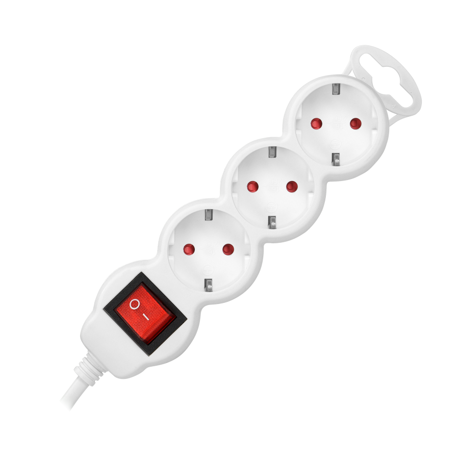 Extension sockets 3x 2P+E (schuko), with a central switch and a cord 3m long H05VV-F 3x1.0mm², white
