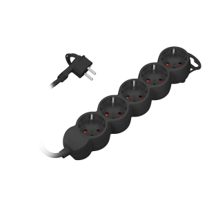 Extension sockets 5x 2P+E (Schuko), cable H05VV-F 3x1.0mm² , Imax=10A, 3m long, flat plug, black