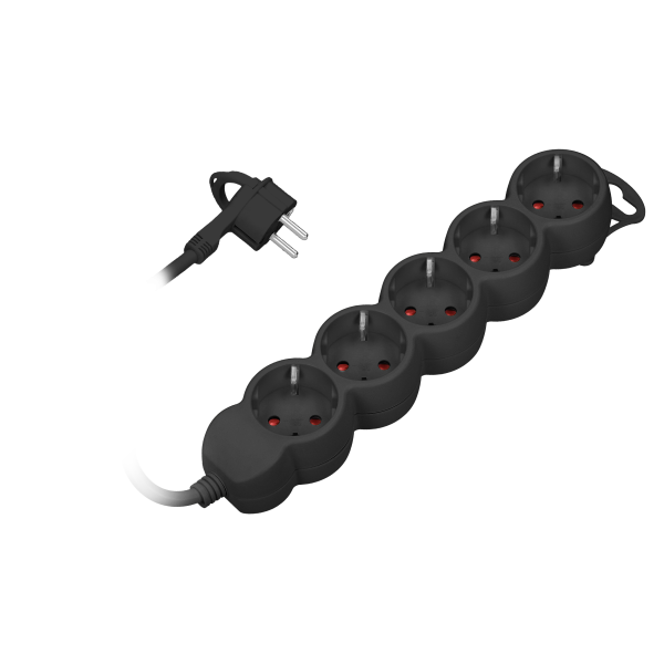 Extension sockets 5x 2P+E (Schuko), cable H05VV-F 3x1.0mm² , Imax=10A, 3m long, flat plug, black