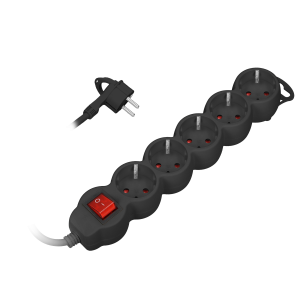 Extension sockets 5x 2P+E (Schuko), with a central switch and a cable 3m long - H05VV-F 3x1.0mm², Imax=10A, flat plug, black