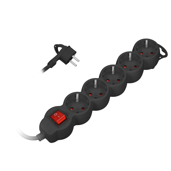 Extension sockets 5x 2P+E (Schuko), with a central switch and a cable 3m long - H05VV-F 3x1.0mm², Imax=10A, flat plug, black