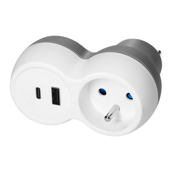 Power socket splitter 2P+E with USB-A+C charger, white-grey