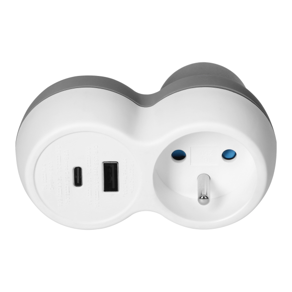 Power socket splitter 2P+E with USB-A+C charger, white-grey