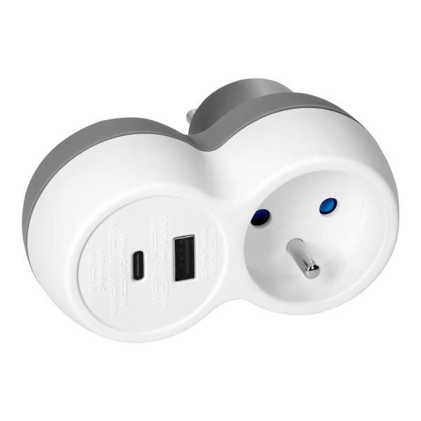 Rozgałęźnik 2P+Z, USB-A+C, biało-szary