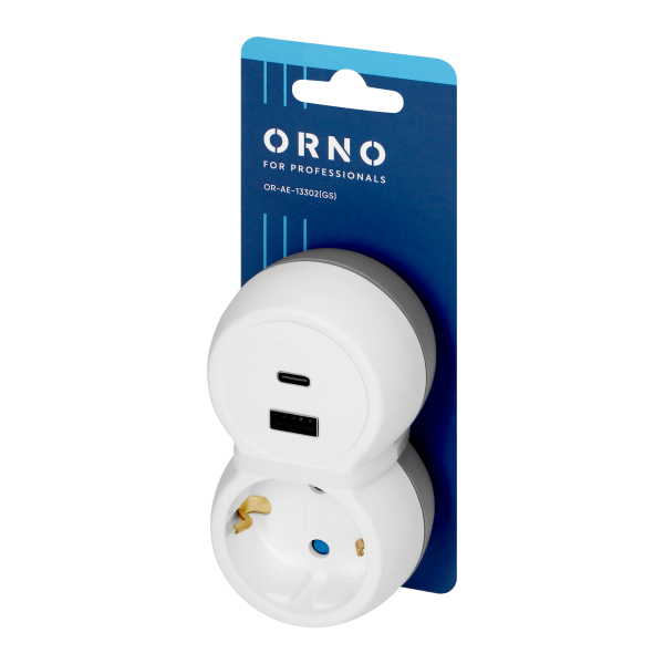 Power socket splitter 2P+E with USB-A+C charger, schuko, white-grey