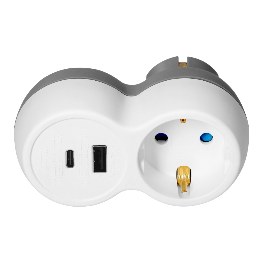Power socket splitter 2P+E with USB-A+C charger, schuko, white-grey
