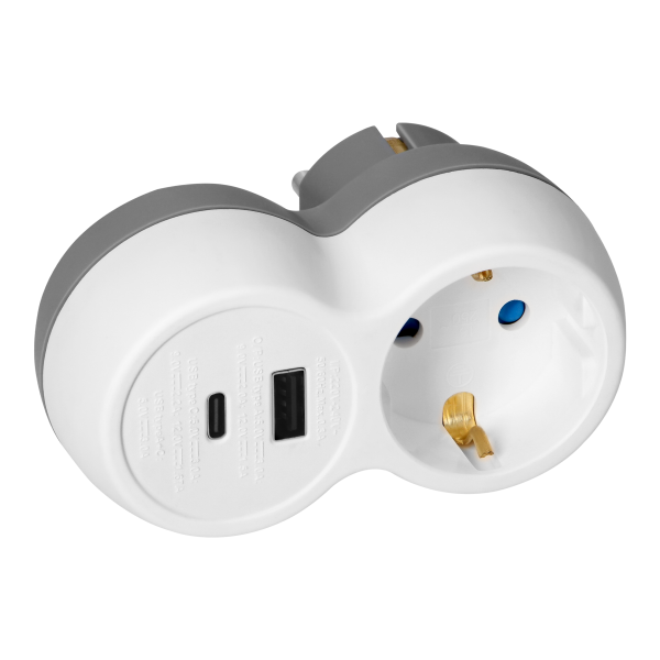 Power socket splitter 2P+E with USB-A+C charger, schuko, white-grey