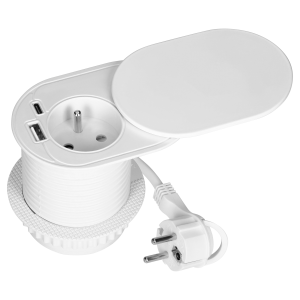 Gniazdo meblowe Ø6cm, wpuszczane w blat z przesuwną pokrywką, ładowarką USB i przewodem 1,9m, 1x2P+Z (French), 2xUSB (typ A+C; PD20W), białe