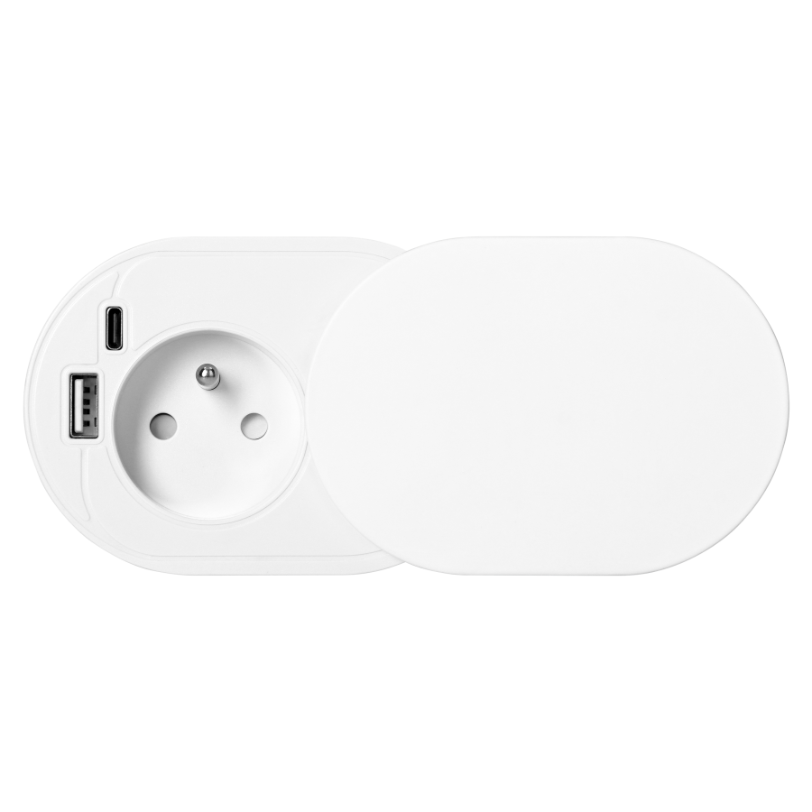 Gniazdo meblowe Ø6cm, wpuszczane w blat z przesuwną pokrywką, ładowarką USB i przewodem 1,9m, 1x2P+Z (French), 2xUSB (typ A+C; PD20W), białe