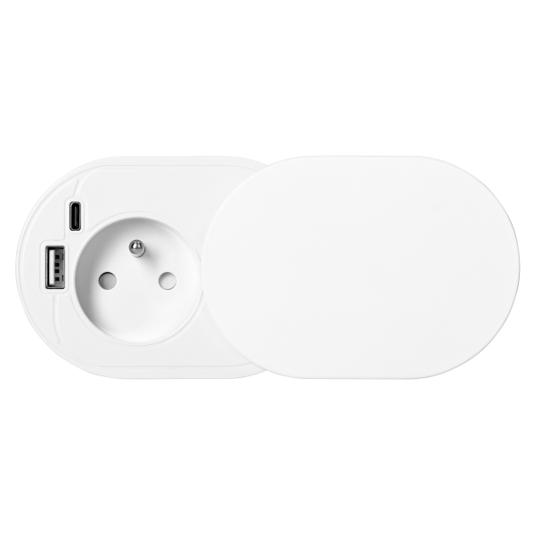Furniture socket with USB charger and sliding cover, 1.9m cable, 1x2P+E (French), 2xUSB (type A+C; PD20W), white