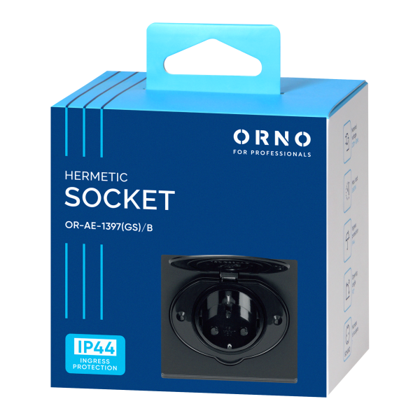 Hermetic, flush-fitting socket, IP44, 1x2P+E(Schuko), black