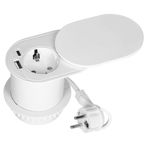 Furniture socket with USB charger and sliding cover, 1.9m cable, 1x2P+E (Schuko), 2xUSB (type A+C; PD20W), white