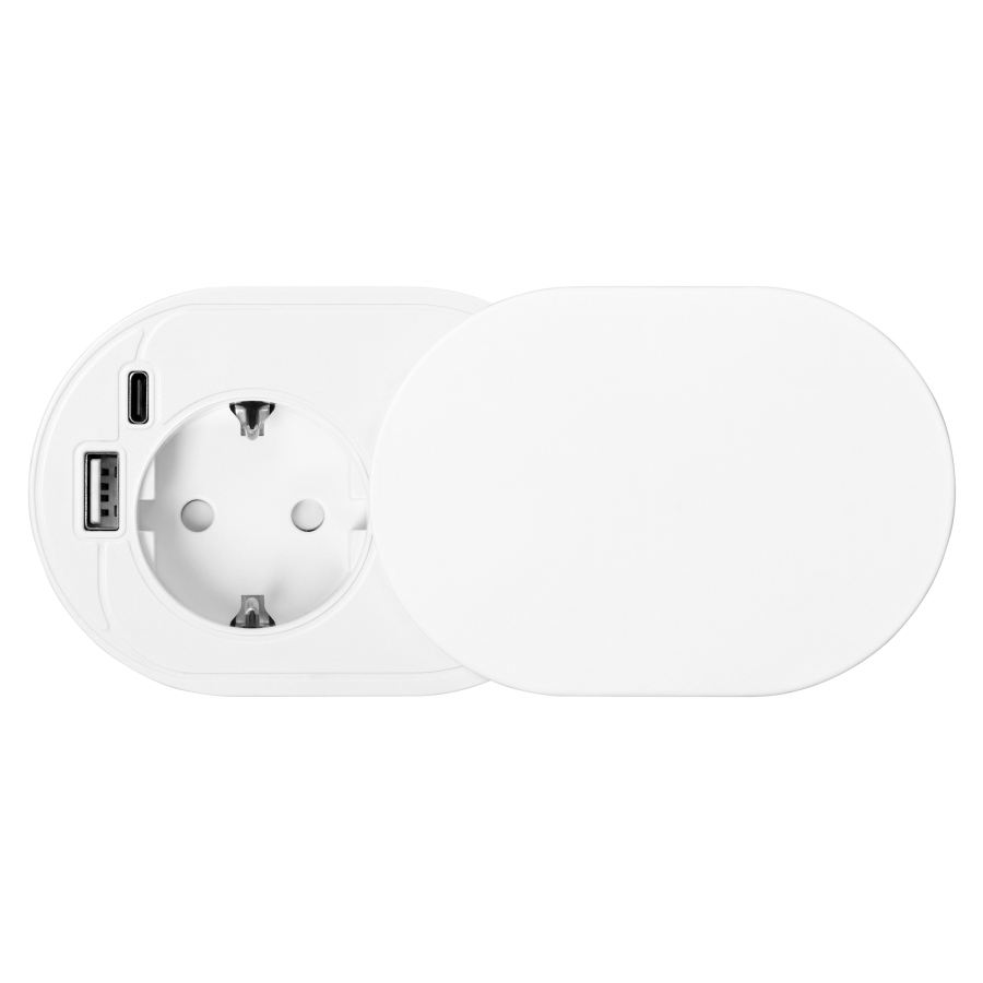 Gniazdo meblowe Ø6cm, wpuszczane w blat z przesuwną pokrywką, ładowarką USB i przewodem 1,9m, 1x2P+Z (Schuko), 2xUSB (typ A+C; PD20W), białe