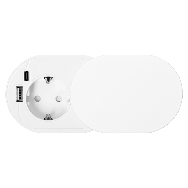 Gniazdo meblowe Ø6cm, wpuszczane w blat z przesuwną pokrywką, ładowarką USB i przewodem 1,9m, 1x2P+Z (Schuko), 2xUSB (typ A+C; PD20W), białe