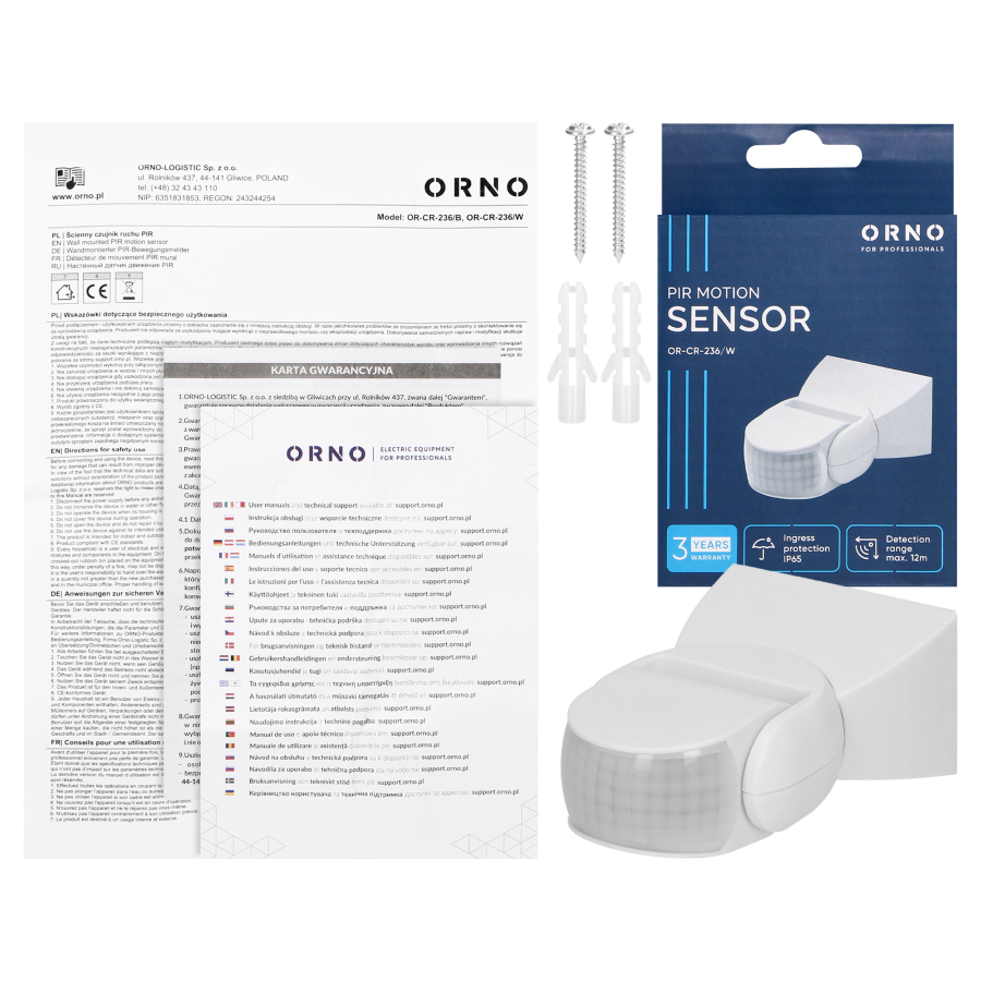 Czujnik ruchu 180st., regulacja pionowa i pozioma, IP65, 1200W, biały