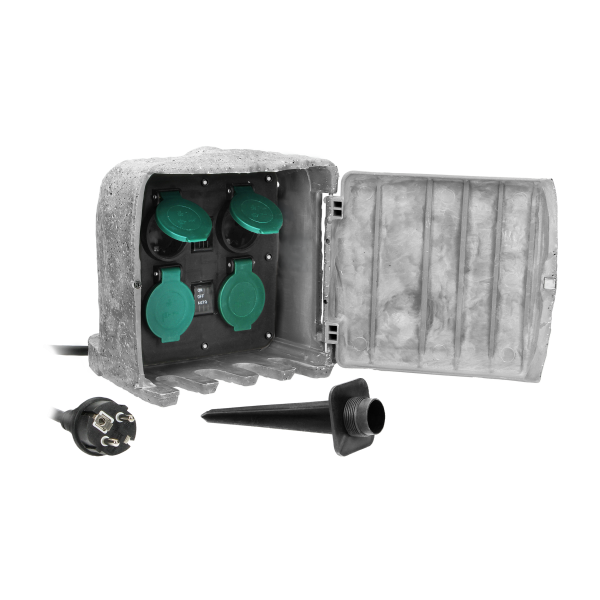 Garden socket STONE, 4 sockets 2P+E schuko, rubber cable H07RN-F 3x1.5mm², 3m, 2 operating modes