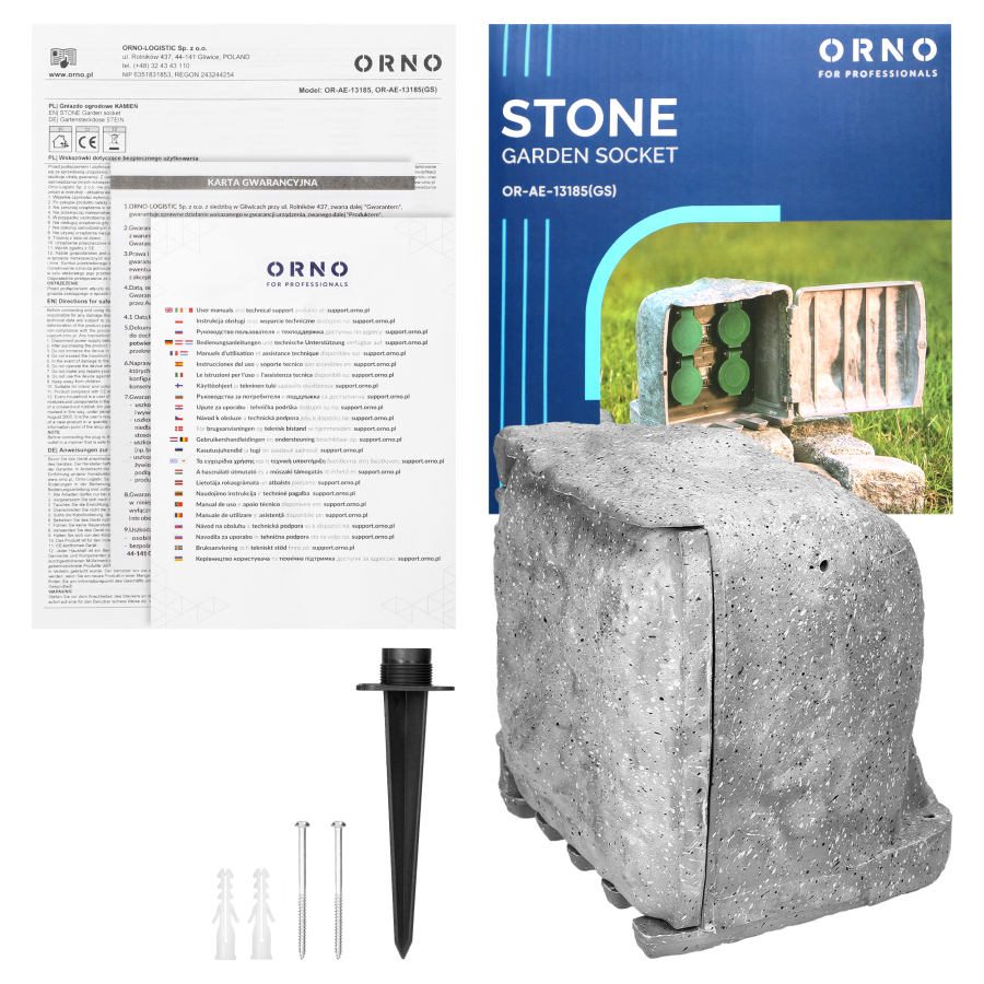 Garden socket STONE, 4 sockets 2P+E schuko, rubber cable H07RN-F 3x1.5mm², 3m, 2 operating modes