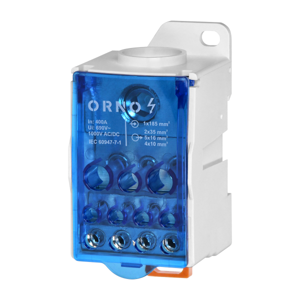 Power distribution block 400A, input terminal 1x185mm², output terminals 4x10, 5x16mm² and 2x35mm² Power distribution block 400A, input terminal 1x185mm², output terminals 4x10, 5x16mm² and 2x35mm²