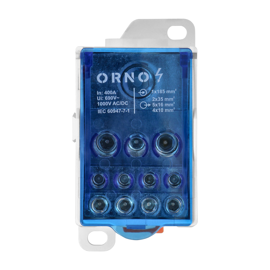 Power distribution block 400A, input terminal 1x185mm², output terminals 4x10, 5x16mm² and 2x35mm²