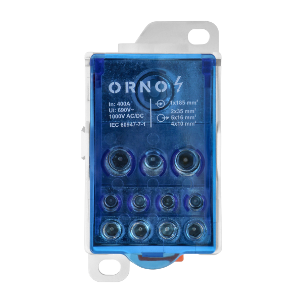 Power distribution block 400A, input terminal 1x185mm², output terminals 4x10, 5x16mm² and 2x35mm² Power distribution block 400A, input terminal 1x185mm², output terminals 4x10, 5x16mm² and 2x35mm²