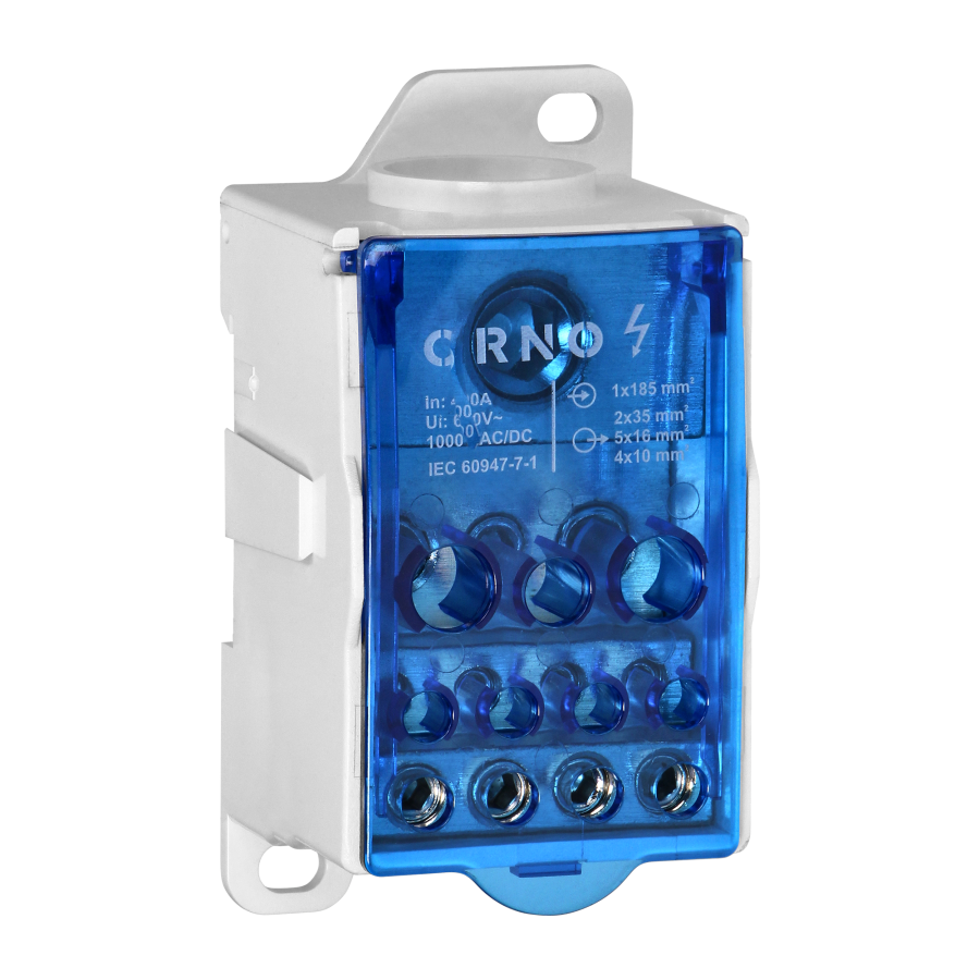 Power distribution block 400A, input terminal 1x185mm², output terminals 4x10, 5x16mm² and 2x35mm²