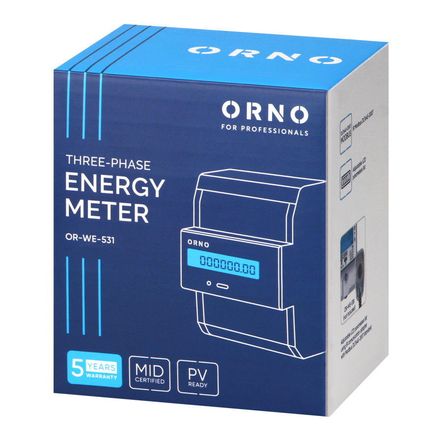 3-phase energy meter with MID, 80A, 4,3 modules, DIN TH-35mm