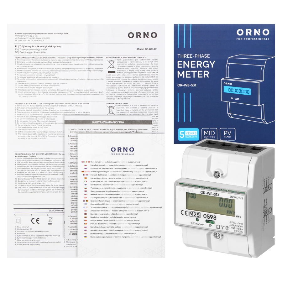 3-fazowy licznik energii elektrycznej, 80A, MID, 4,3 moduły, DIN TH-35mm