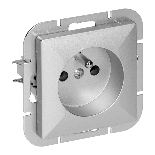Flush-mounted single socket 2P+E Pearl, 16A, 250V, PT-16P, silver