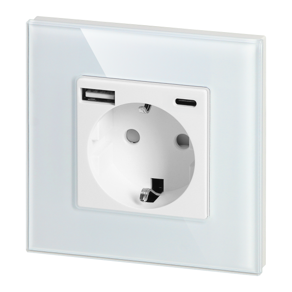 Wall socket 2P+Z with USB-A + USB-C charger, Schuko, 5VDC, 3A, white