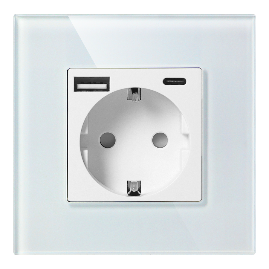 Gniazdo pojedyncze 2P+Z, Schuko, USB-A + USB-C, wyjście 5VDC max. 3A, biały