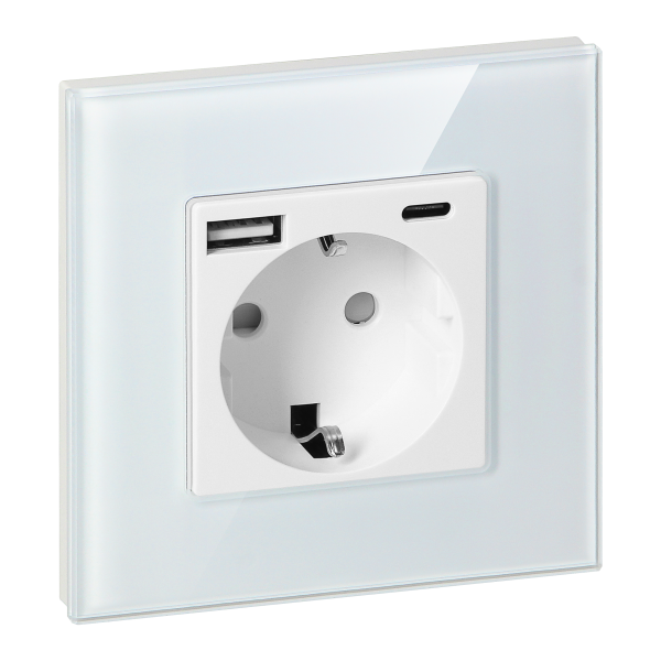 Wall socket 2P+Z with USB-A + USB-C charger, Schuko, 5VDC, 3A, white