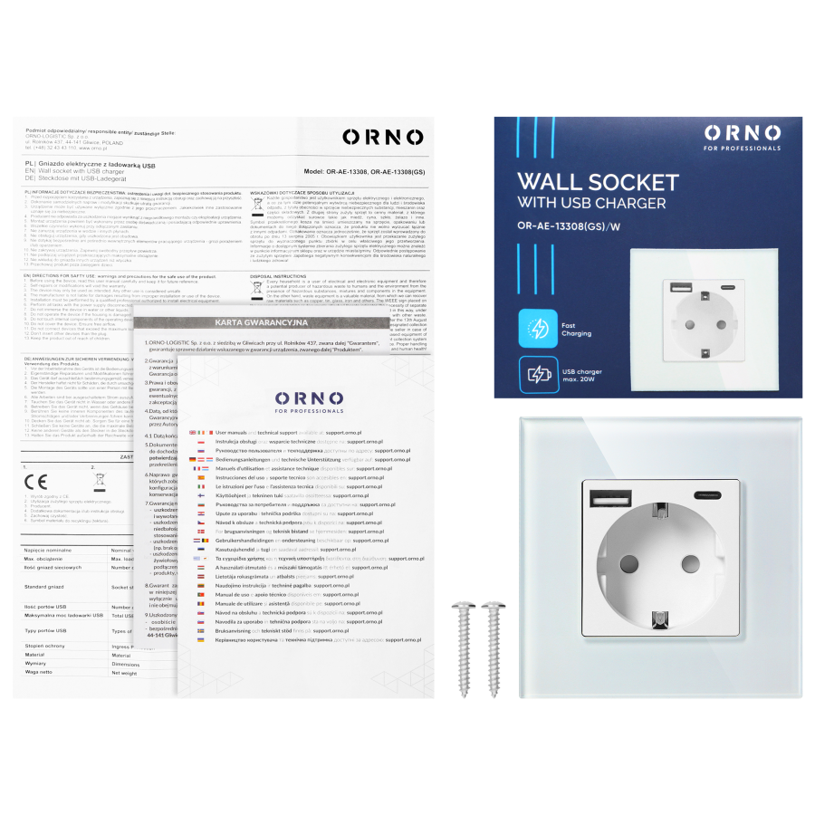 Wall socket 2P+Z with USB-A + USB-C charger, Schuko, 5VDC, 3A, white