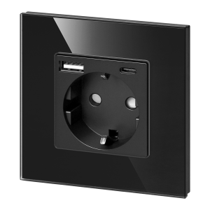 Wall socket 2P+Z with USB-A + USB-C charger, Schuko, 5VDC, 3A, black