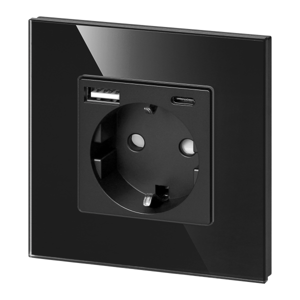 Gniazdo pojedyncze 2P+Z, Schuko, USB-A + USB-C, wyjście 5VDC max. 3A, czarny