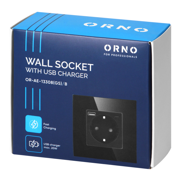 Wall socket 2P+Z with USB-A + USB-C charger, Schuko, 5VDC, 3A, black