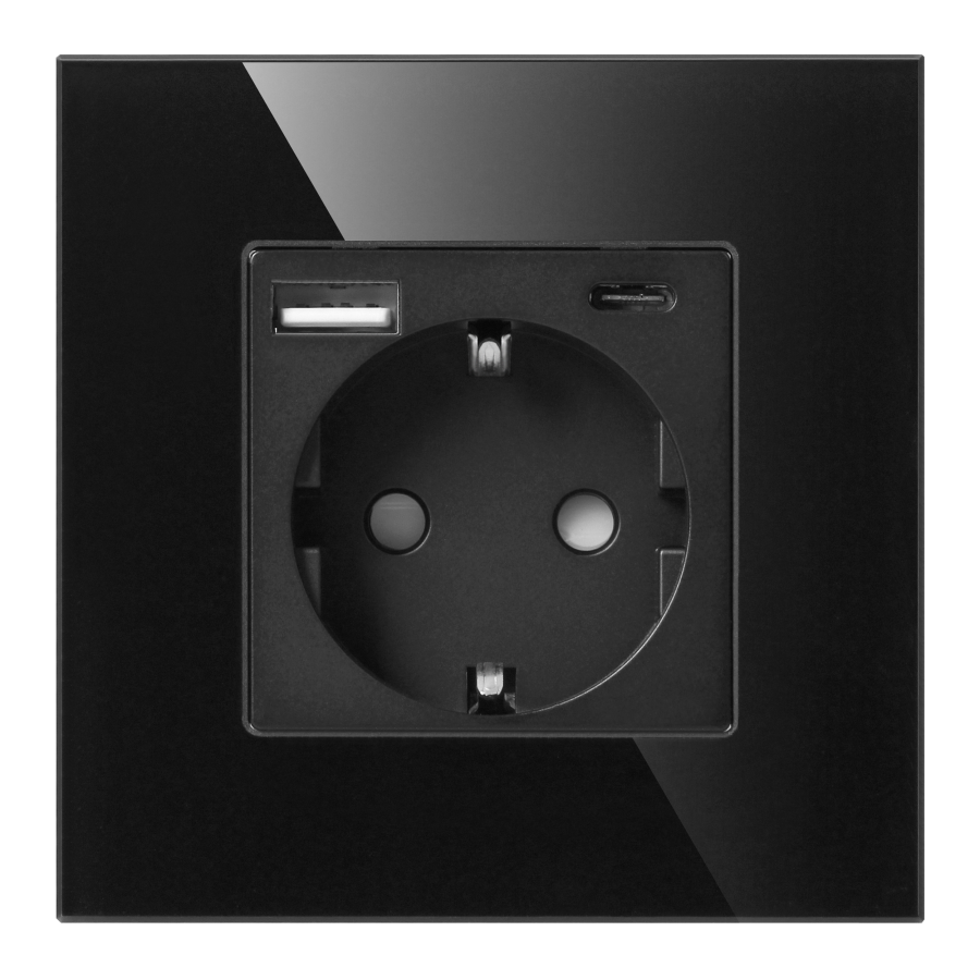 Wall socket 2P+Z with USB-A + USB-C charger, Schuko, 5VDC, 3A, black