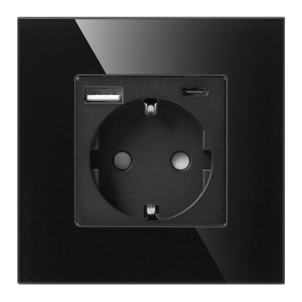 Gniazdo pojedyncze 2P+Z, Schuko, USB-A + USB-C, wyjście 5VDC max. 3A, czarny