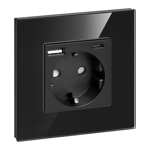 Gniazdo pojedyncze 2P+Z, Schuko, USB-A + USB-C, wyjście 5VDC max. 3A, czarny
