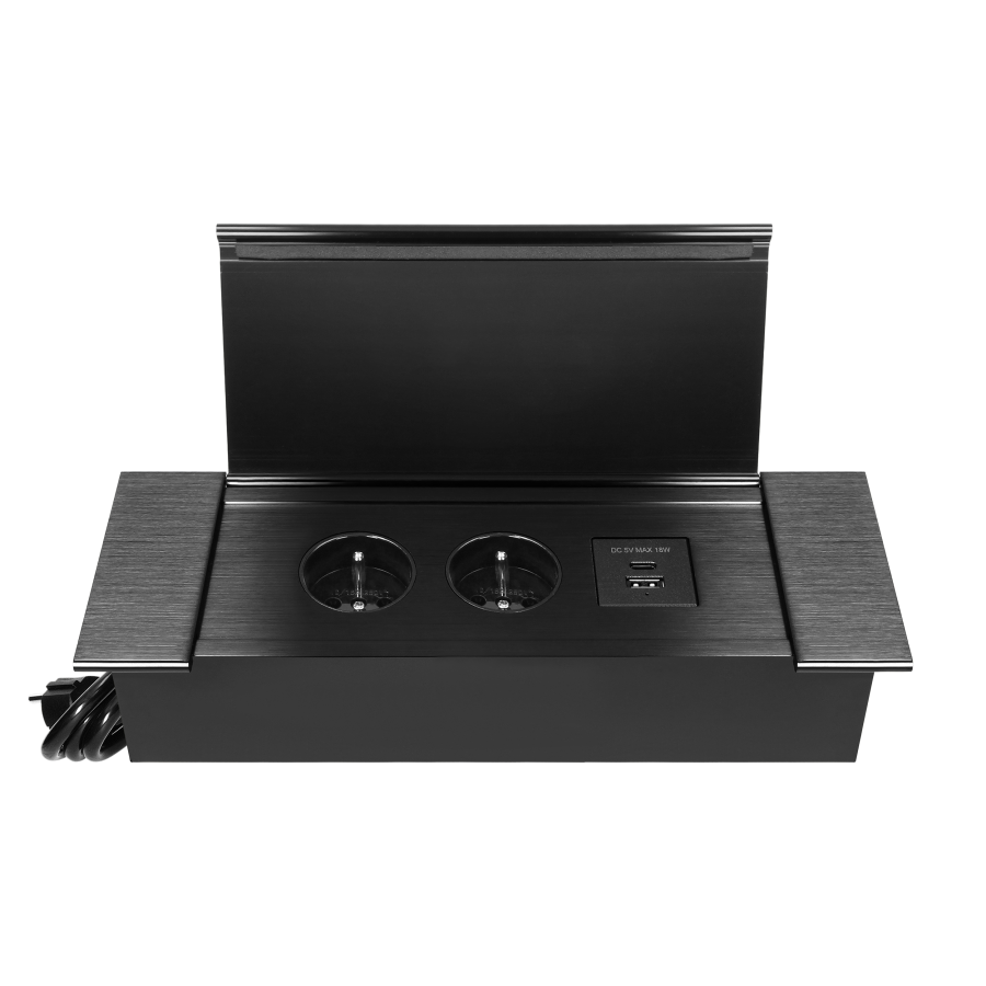 Gniazdo meblowe wpuszczane w blat z płaskim frezowanym rantem, uchylną klapką, ładowarką USB i przewodem 1,5m, 2x2P+Z (French), 2xUSB (typ A+C; 3,6A), czarne